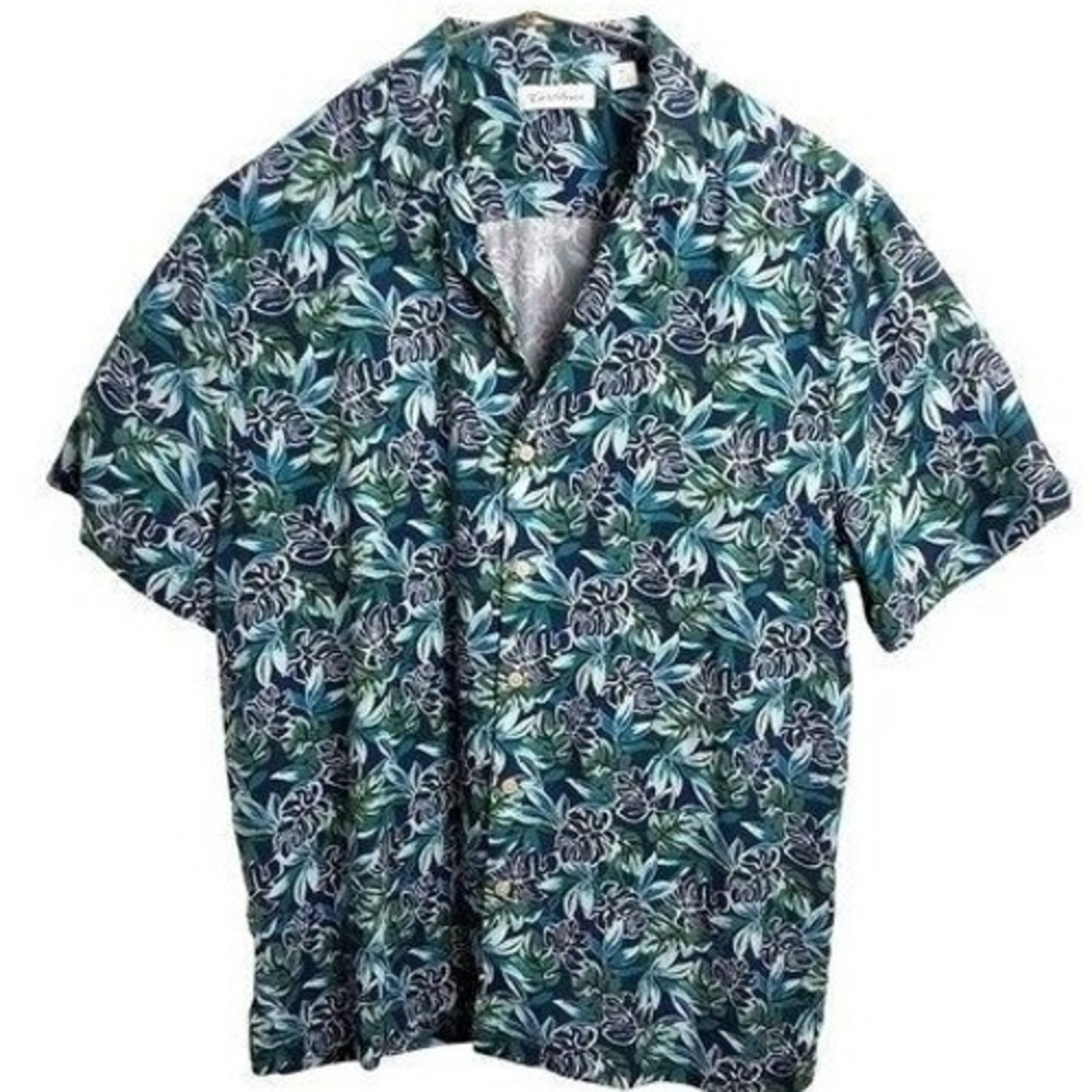 Caribbean Mens XL Blue Green Tropical Monstera Leaf Print Lyocell Camp Shirt